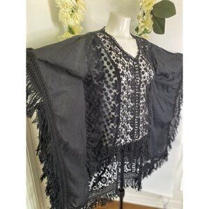 Elan Nordstrom Crochet Lace Insert Fringe Swim Cover Up Dress Black OS Boho Chic